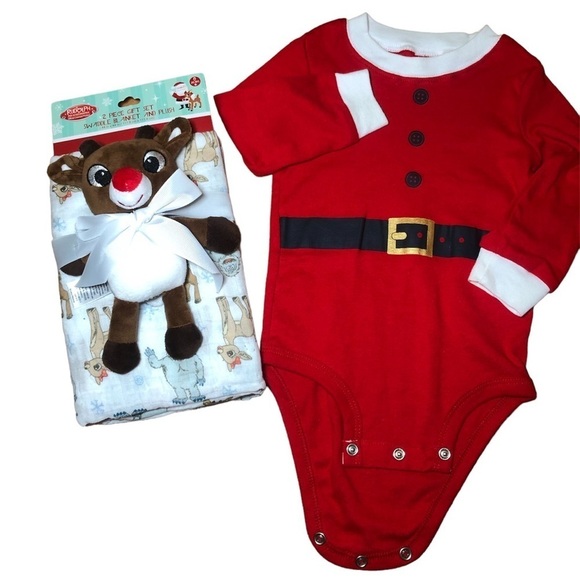 CARTERS Santa Bodysuit 12 mth & 2pc gift set swaddle blanket and plush - Picture 1 of 7